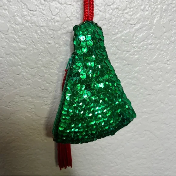 Vintage Beaded Sequin Christmas Tree Coin Purse Ornament w/ Tassel and Zipper - Picture 3 of 6